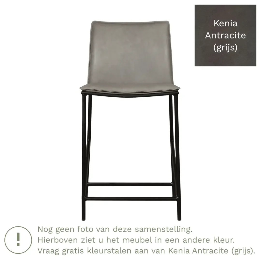 afbeelding van Leren barkruk laag Favor - Kenia Antracite (grijs) - poten staal rond zwart